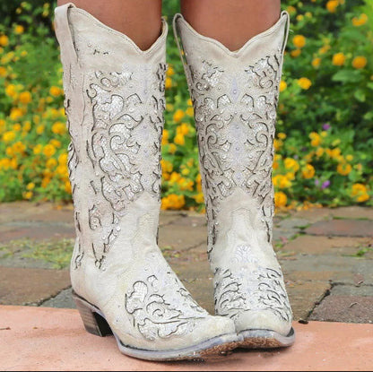 Rhinestone Hollow Flower High Boots